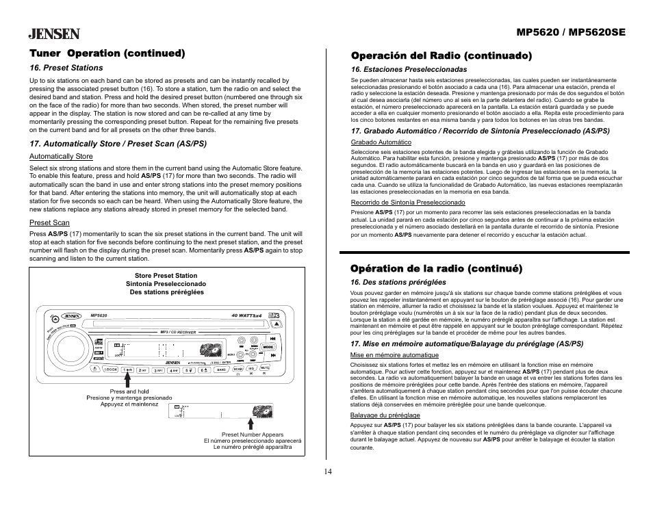Tuner operation (continued), Preset stations, Automatically store / preset scan (as/ps) | Operación del radio (continuado), Estaciones preseleccionadas, Opération de la radio (continué), Des stations préréglées | Audiovox MP5620SE User Manual | Page 14 / 26