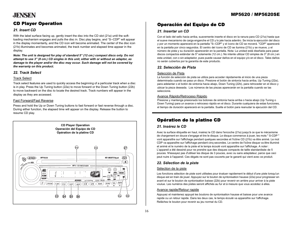 Cd player operation, Insert cd, Track select | Operación del equipo de cd, Insertar un cd, Selección de pista, Opération de la platine cd, Insérez le cd, Sélection de la piste | Audiovox MP5620SE User Manual | Page 16 / 26