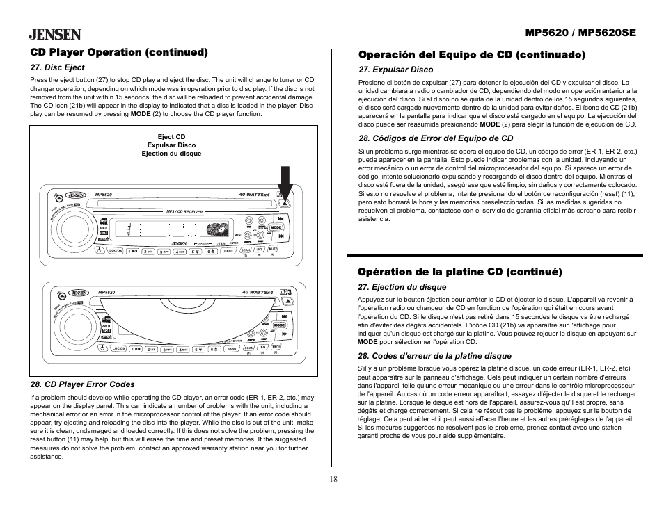 Cd player operation (continued), Disc eject, Cd player error codes | Operación del equipo de cd (continuado), Expulsar disco, Códigos de error del equipo de cd, Opération de la platine cd (continué), Ejection du disque, Codes d'erreur de la platine disque | Audiovox MP5620SE User Manual | Page 18 / 26