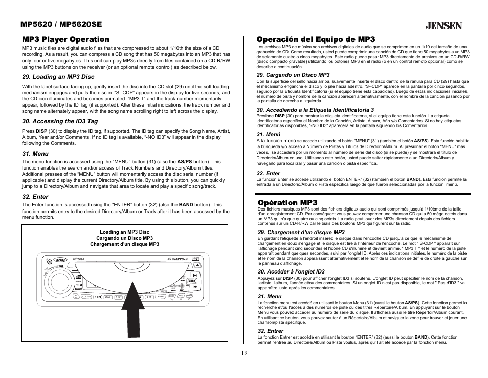 Mp3 player operation, Loading an mp3 disc, Accessing the id3 tag | Menu, Enter, Operación del equipo de mp3, Cargando un disco mp3, Accediendo a la etiqueta identificatoria 3, Menú, Opération mp3 | Audiovox MP5620SE User Manual | Page 19 / 26