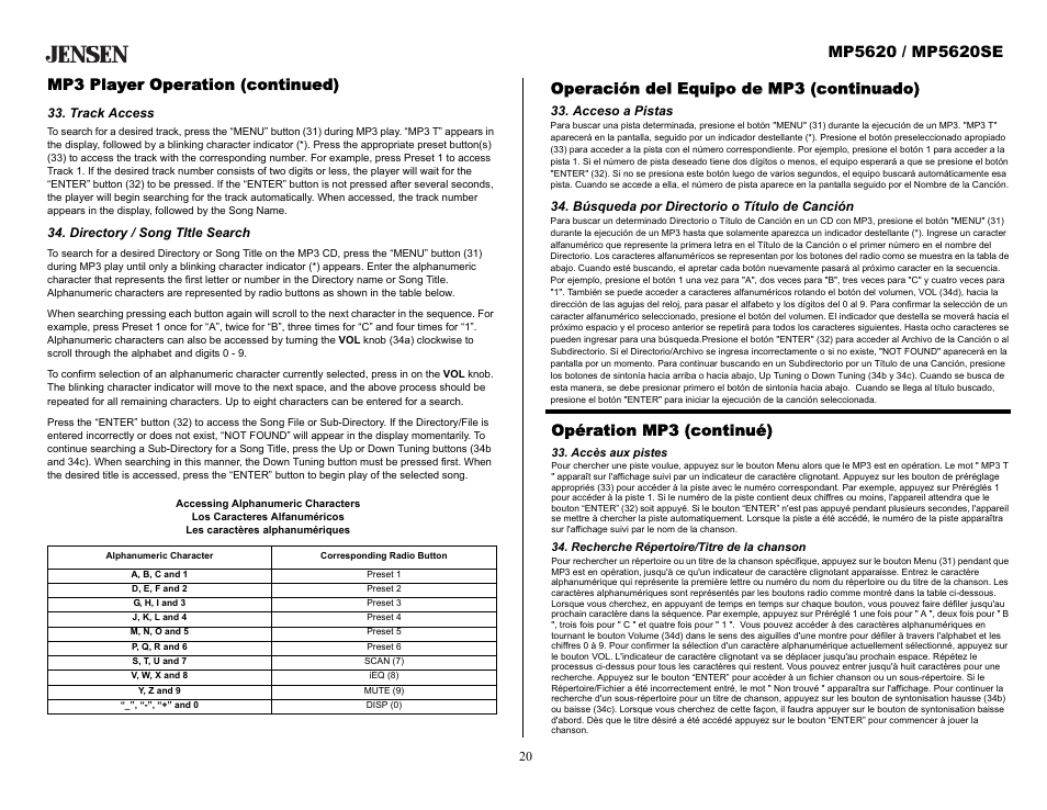 Mp3 player operation (continued), Track access, Directory / song title search | Operación del equipo de mp3 (continuado), Acceso a pistas, Búsqueda por directorio o título de canción, Opération mp3 (continué), Accès aux pistes, Recherche répertoire/titre de la chanson | Audiovox MP5620SE User Manual | Page 20 / 26