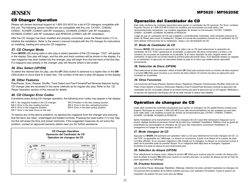 Cd changer operation, Cd changer mode, Disc select (up/dn) | Other features, Cd changer error codes, Operación del cambiador de cd, Modo de cambiador de cd, Selección de disco (up/dn), Otras funciones, Opération de changeur de cd | Audiovox MP5620SE User Manual | Page 22 / 26
