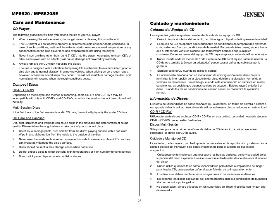 Care and maintenance, Cd player, Always remove the cd when not using the player | Compact discs, Cuidado y mantenimiento, Cuidado del equipo de cd, Siempre quite el cd cuando no utilice el equipo, Información de discos | Audiovox MP5620SE User Manual | Page 23 / 26