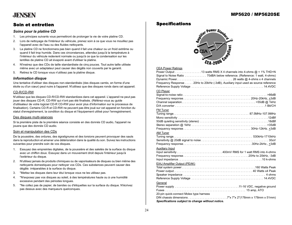 Soin et entretien, Soins pour la platine cd, Information disque | Specifications | Audiovox MP5620SE User Manual | Page 24 / 26