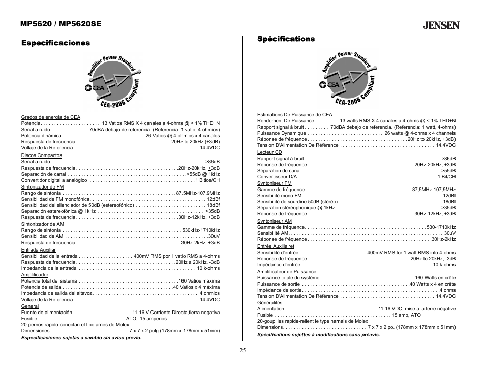 Spécifications, Especificaciones | Audiovox MP5620SE User Manual | Page 25 / 26