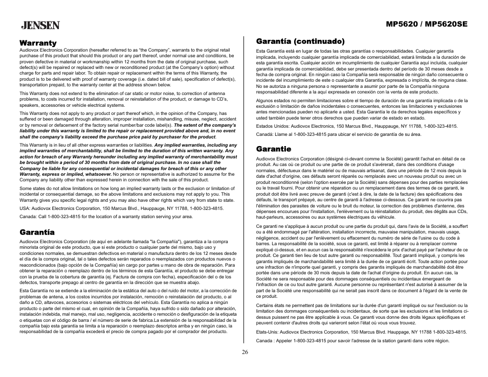 Warranty, Garantie, Garantía | Garantía (continuado) | Audiovox MP5620SE User Manual | Page 26 / 26