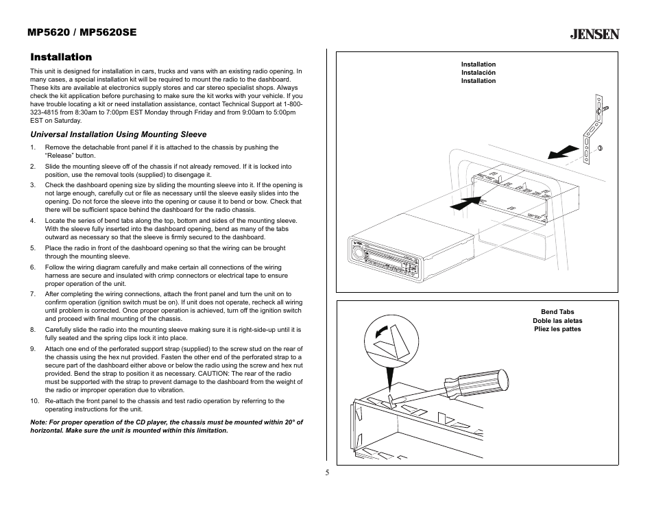 Installation, Universal installation using mounting sleeve | Audiovox MP5620SE User Manual | Page 5 / 26