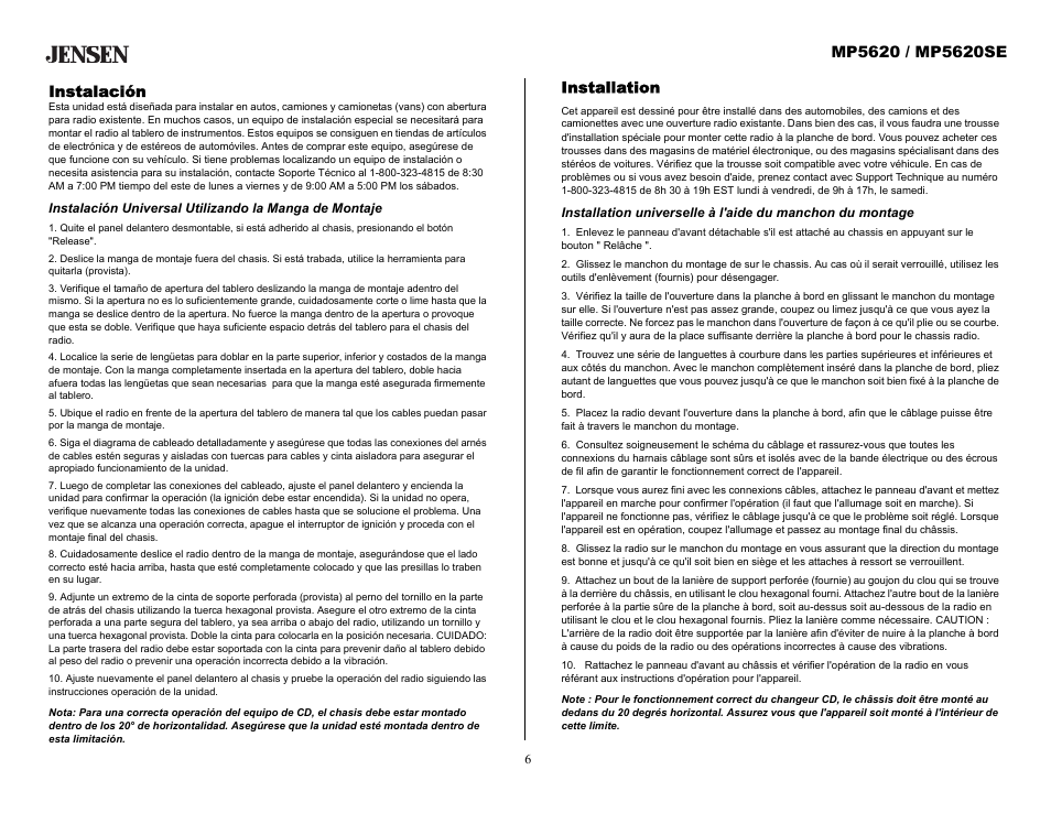 Instalación, Installation | Audiovox MP5620SE User Manual | Page 6 / 26