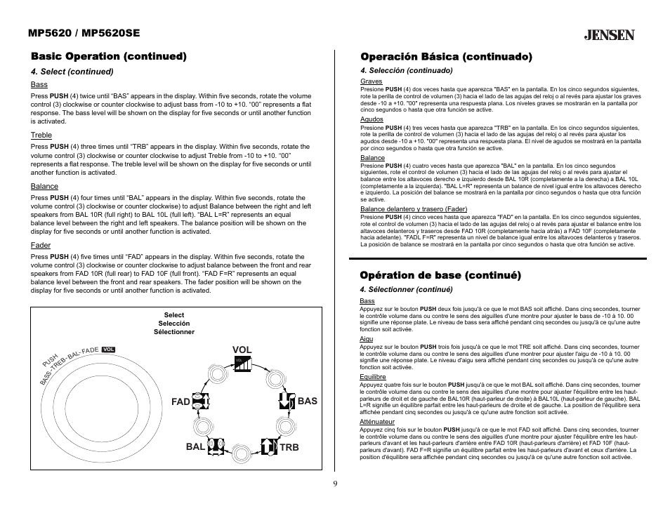 Basic operation (continued), Select (continued), Operación básica (continuado) | Selección (continuado), Opération de base (continué), Sélectionner (continué) | Audiovox MP5620SE User Manual | Page 9 / 26