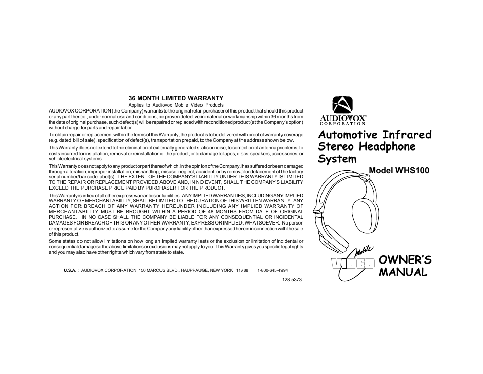 Audiovox WHS100 User Manual | 2 pages