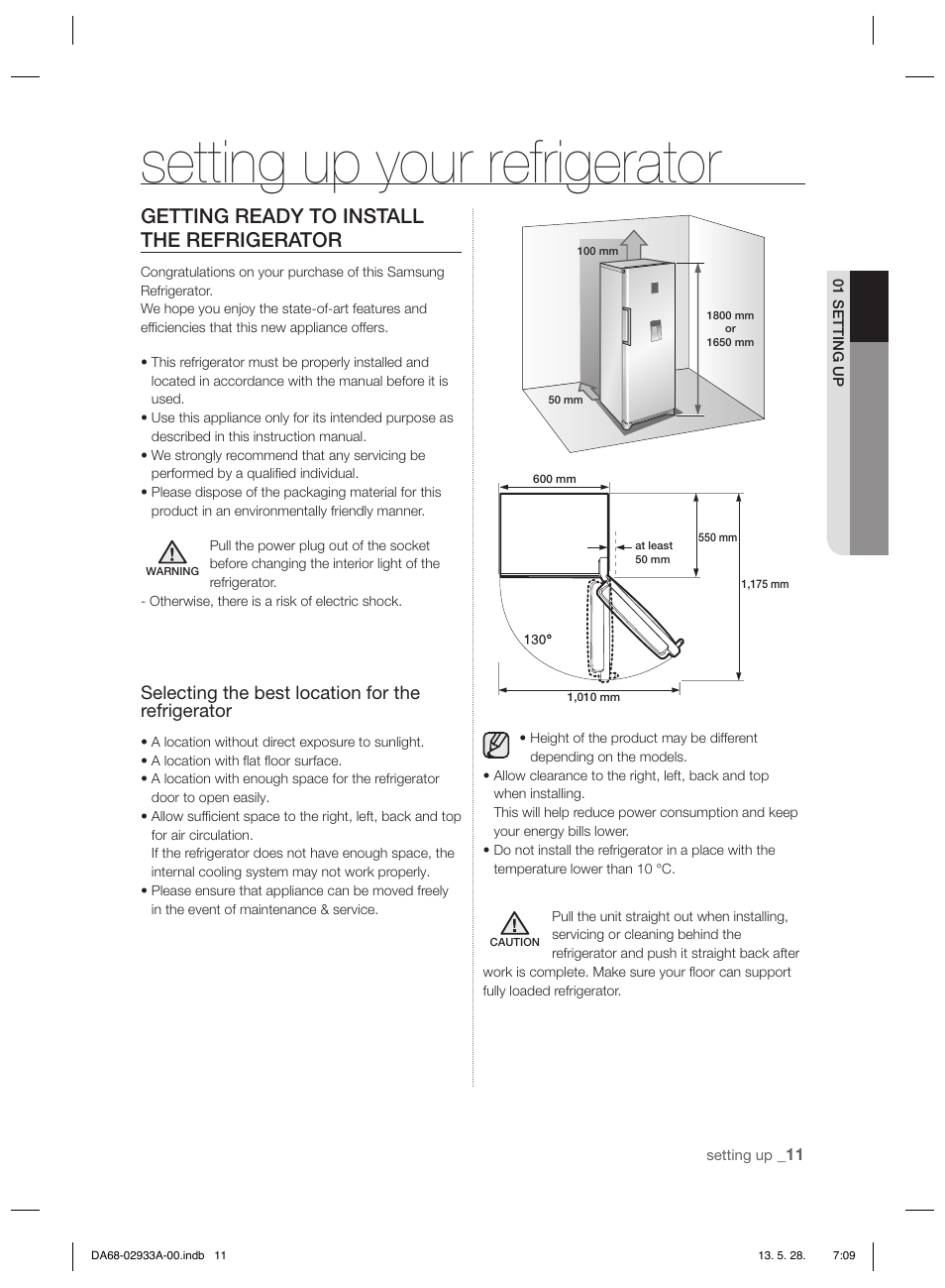 Setting up your refrigerator, Getting ready to install the refrigerator, Selecting the best location for the refrigerator | Samsung RR3773ATCSR User Manual | Page 11 / 112