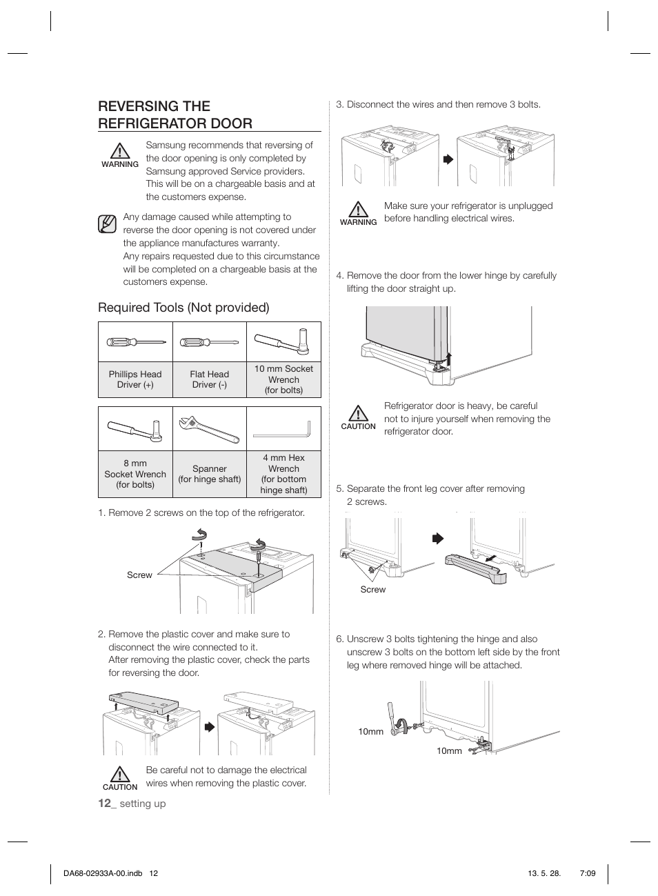 Reversing the refrigerator door, Required tools (not provided) | Samsung RR3773ATCSR User Manual | Page 12 / 112