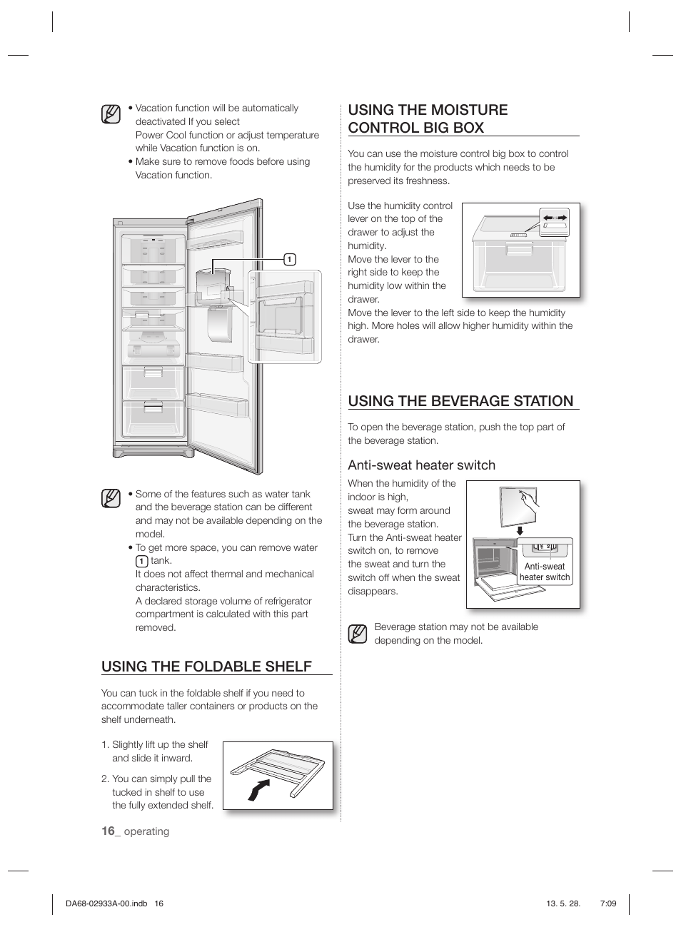 Using the foldable shelf, Using the moisture control big box, Using the beverage station | Anti-sweat heater switch | Samsung RR3773ATCSR User Manual | Page 16 / 112