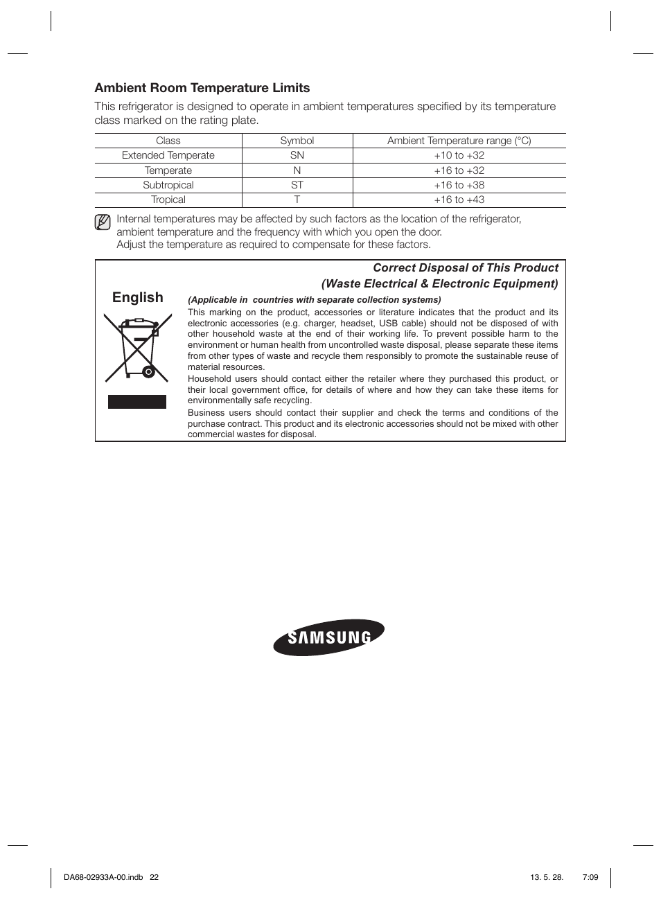 English, Ambient room temperature limits | Samsung RR3773ATCSR User Manual | Page 22 / 112