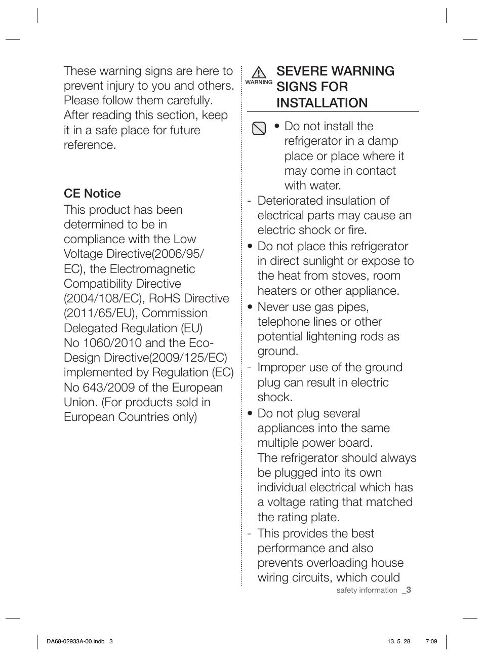 Severe warning signs for installation | Samsung RR3773ATCSR User Manual | Page 3 / 112