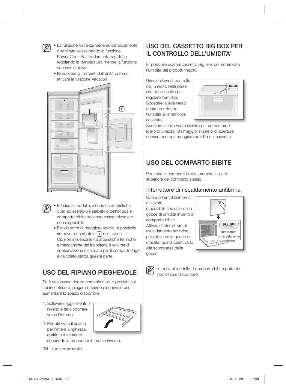 Uso del ripiano pieghevole, Uso del comparto bibite, Interruttore di riscaldamento antibrina | Samsung RR3773ATCSR User Manual | Page 38 / 112