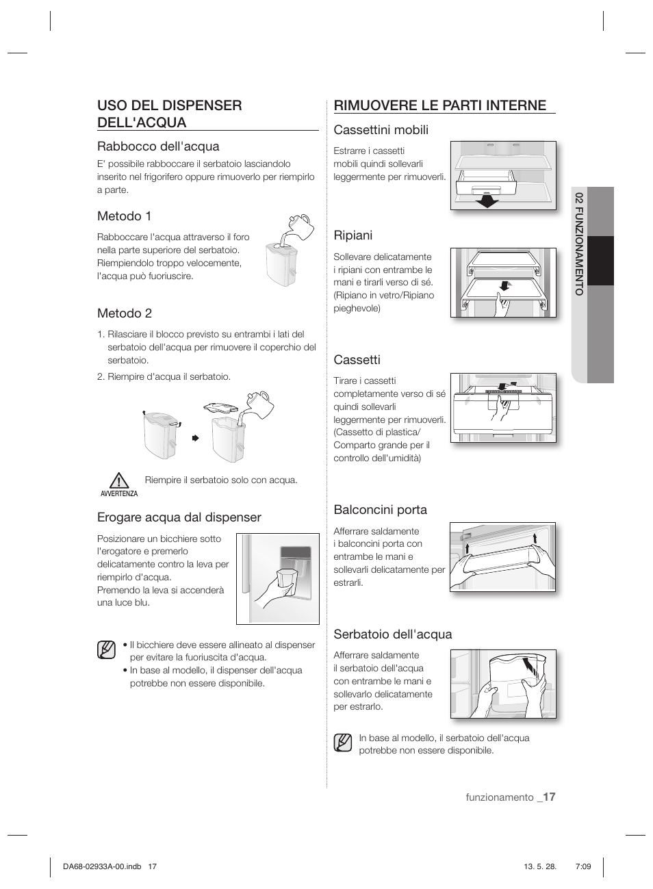 Uso del dispenser dell'acqua, Rimuovere le parti interne | Samsung RR3773ATCSR User Manual | Page 39 / 112