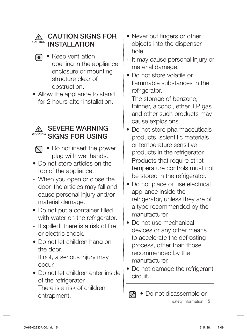 Caution signs for installation, Severe warning signs for using | Samsung RR3773ATCSR User Manual | Page 5 / 112