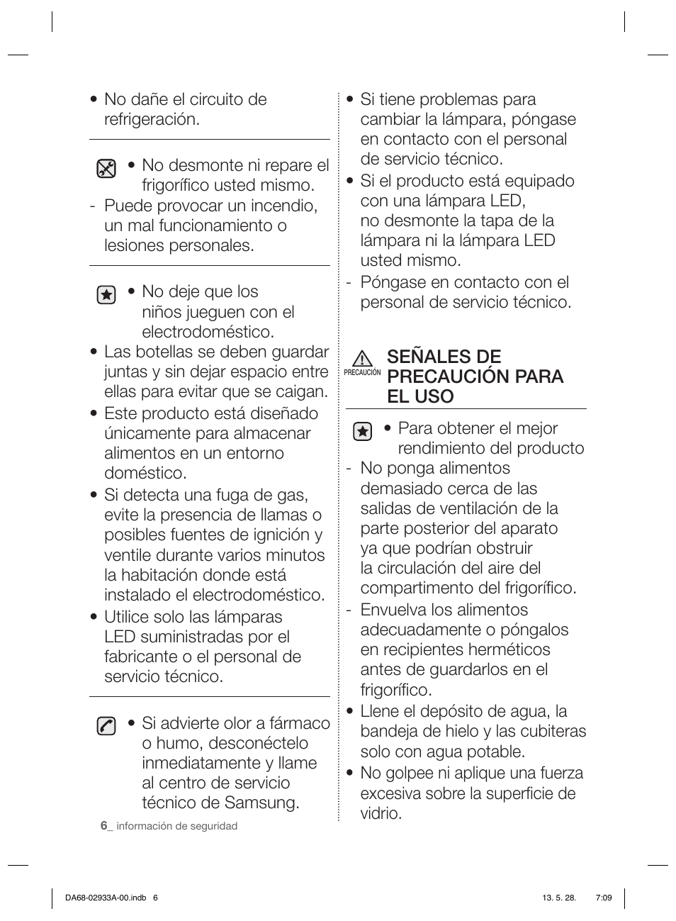 Señales de precaución para el uso | Samsung RR3773ATCSR User Manual | Page 50 / 112