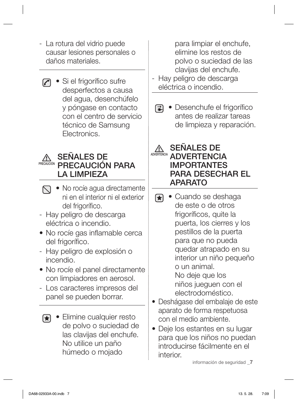 Señales de precaución para la limpieza | Samsung RR3773ATCSR User Manual | Page 51 / 112