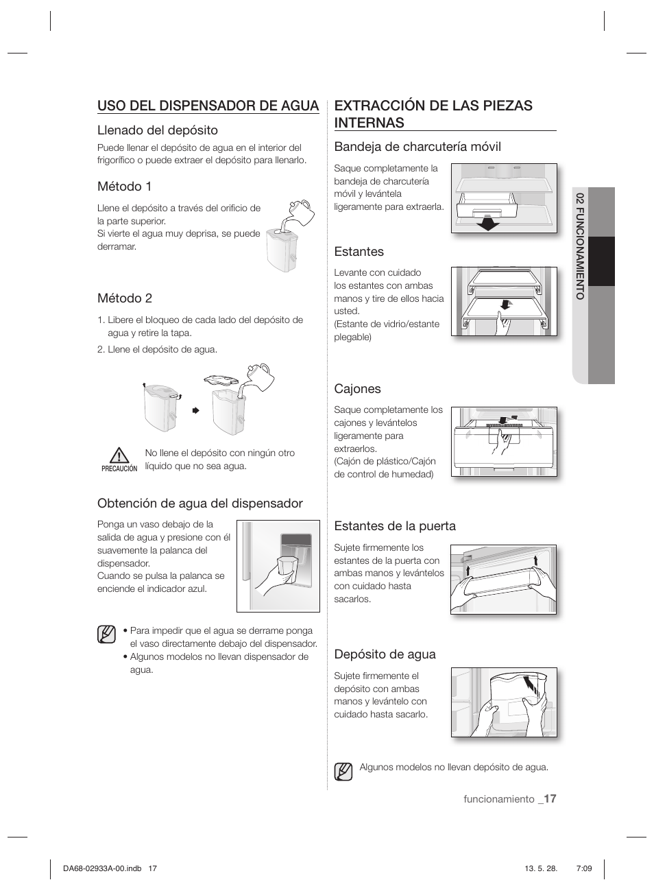 Uso del dispensador de agua, Extracción de las piezas internas | Samsung RR3773ATCSR User Manual | Page 61 / 112