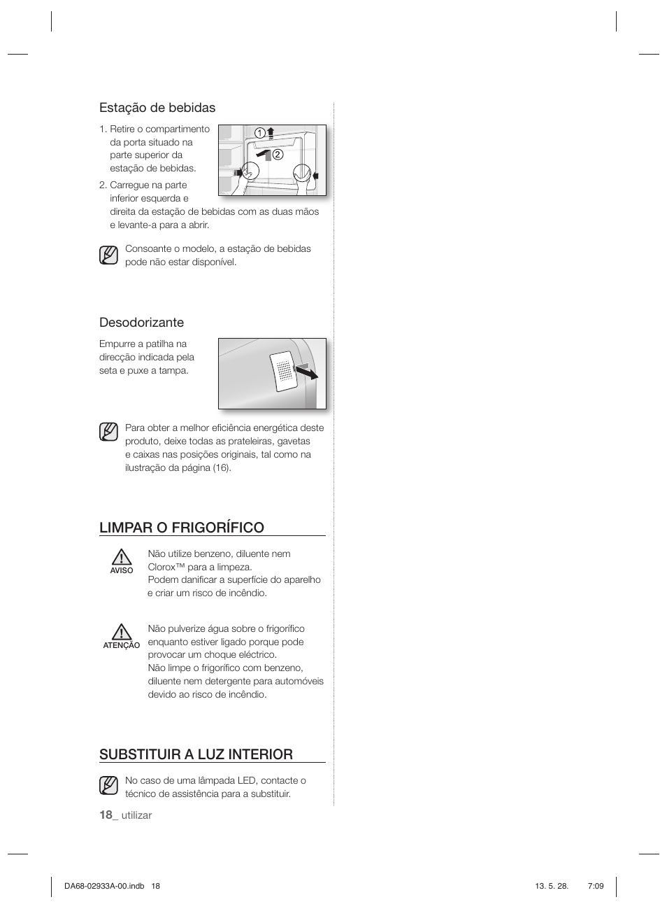 Limpar o frigorífico, Substituir a luz interior, Estação de bebidas | Desodorizante | Samsung RR3773ATCSR User Manual | Page 84 / 112