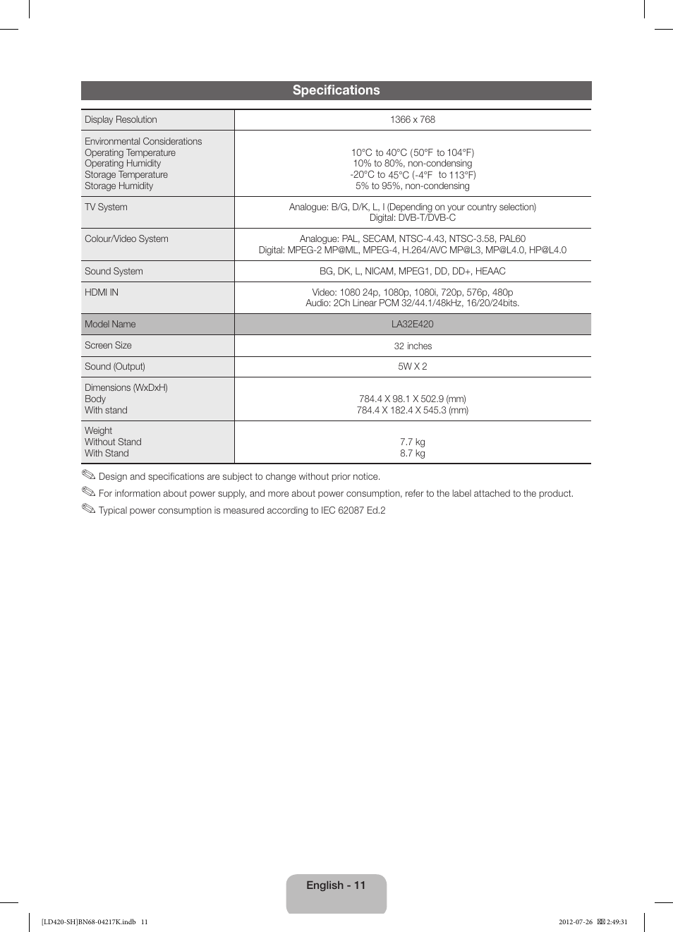 Specifications | Samsung LA32E420E2W User Manual | Page 11 / 49
