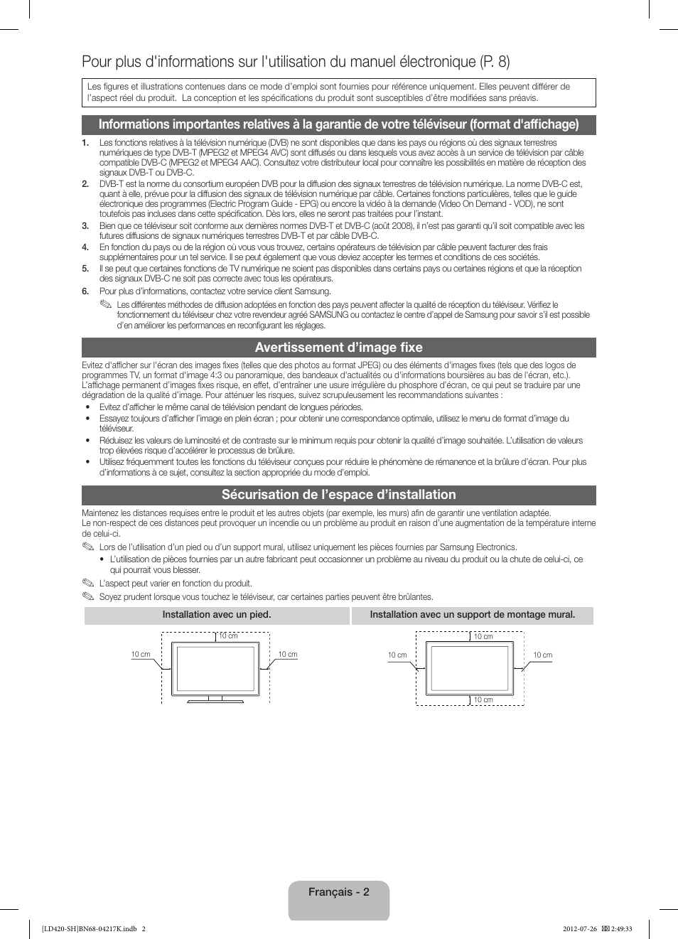 Avertissement d’image fixe, Sécurisation de l’espace d’installation | Samsung LA32E420E2W User Manual | Page 14 / 49