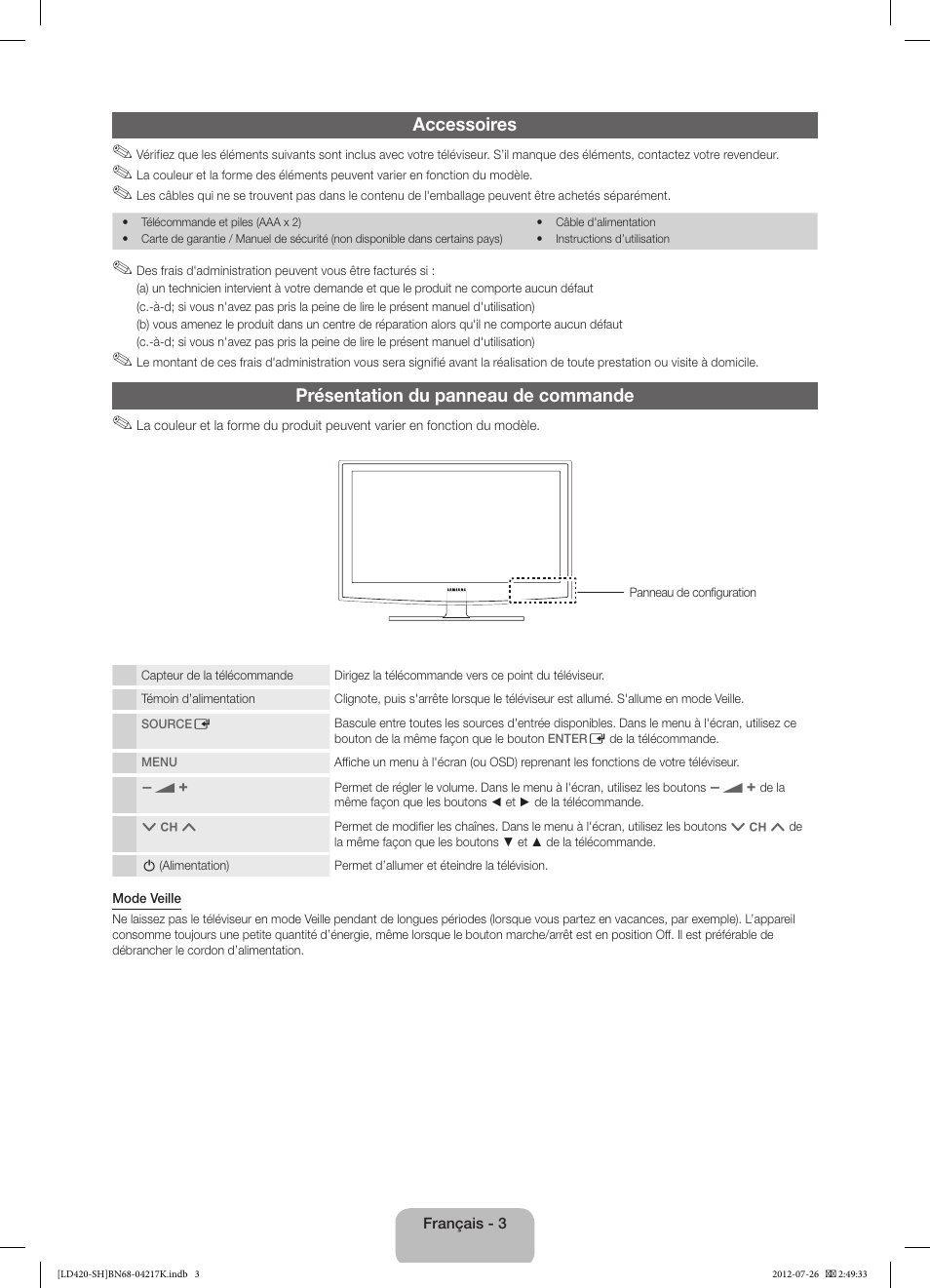 Accessoires, Présentation du panneau de commande | Samsung LA32E420E2W User Manual | Page 15 / 49