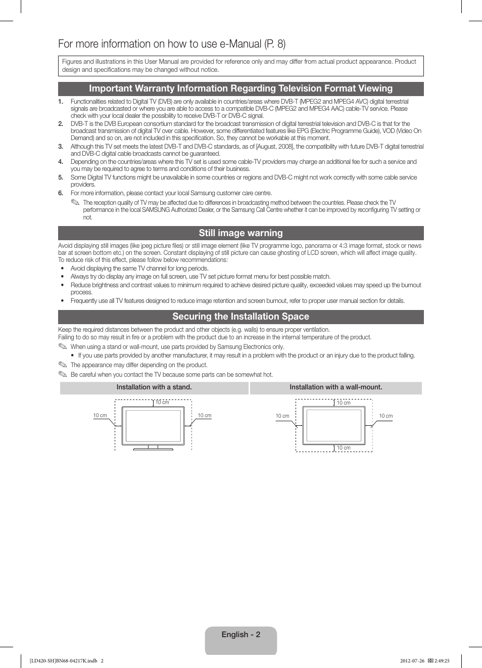 For more information on how to use e-manual (p. 8), Still image warning, Securing the installation space | Samsung LA32E420E2W User Manual | Page 2 / 49