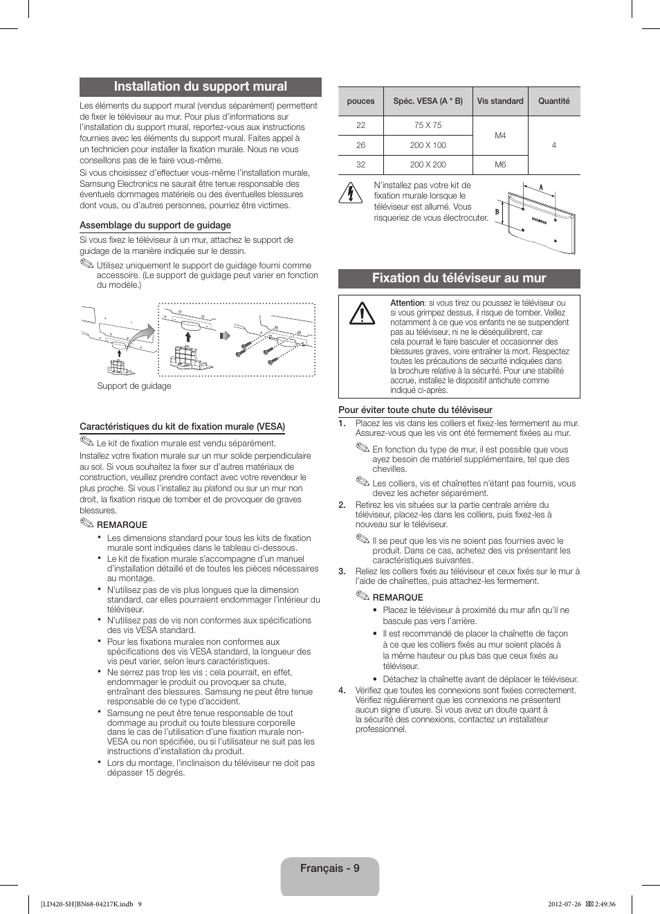 Installation du support mural, Fixation du téléviseur au mur | Samsung LA32E420E2W User Manual | Page 21 / 49