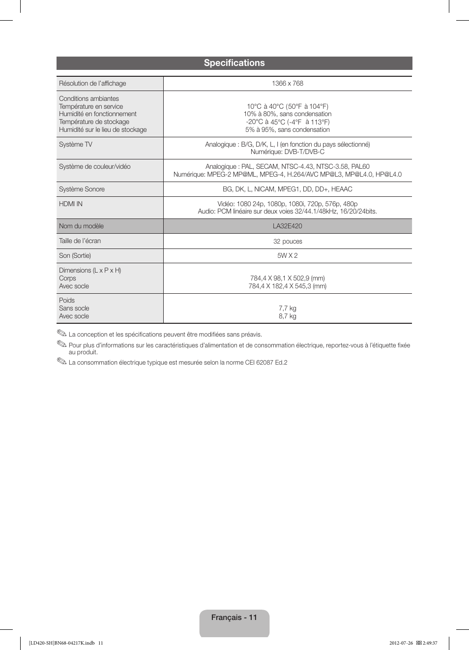 Specifications | Samsung LA32E420E2W User Manual | Page 23 / 49