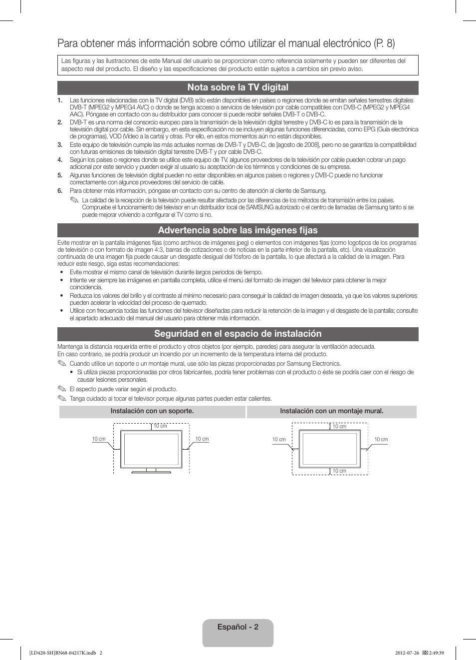 Nota sobre la tv digital, Advertencia sobre las imágenes fijas, Seguridad en el espacio de instalación | Samsung LA32E420E2W User Manual | Page 26 / 49