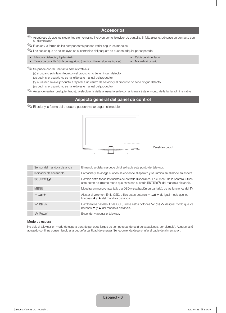 Accesorios, Aspecto general del panel de control | Samsung LA32E420E2W User Manual | Page 27 / 49