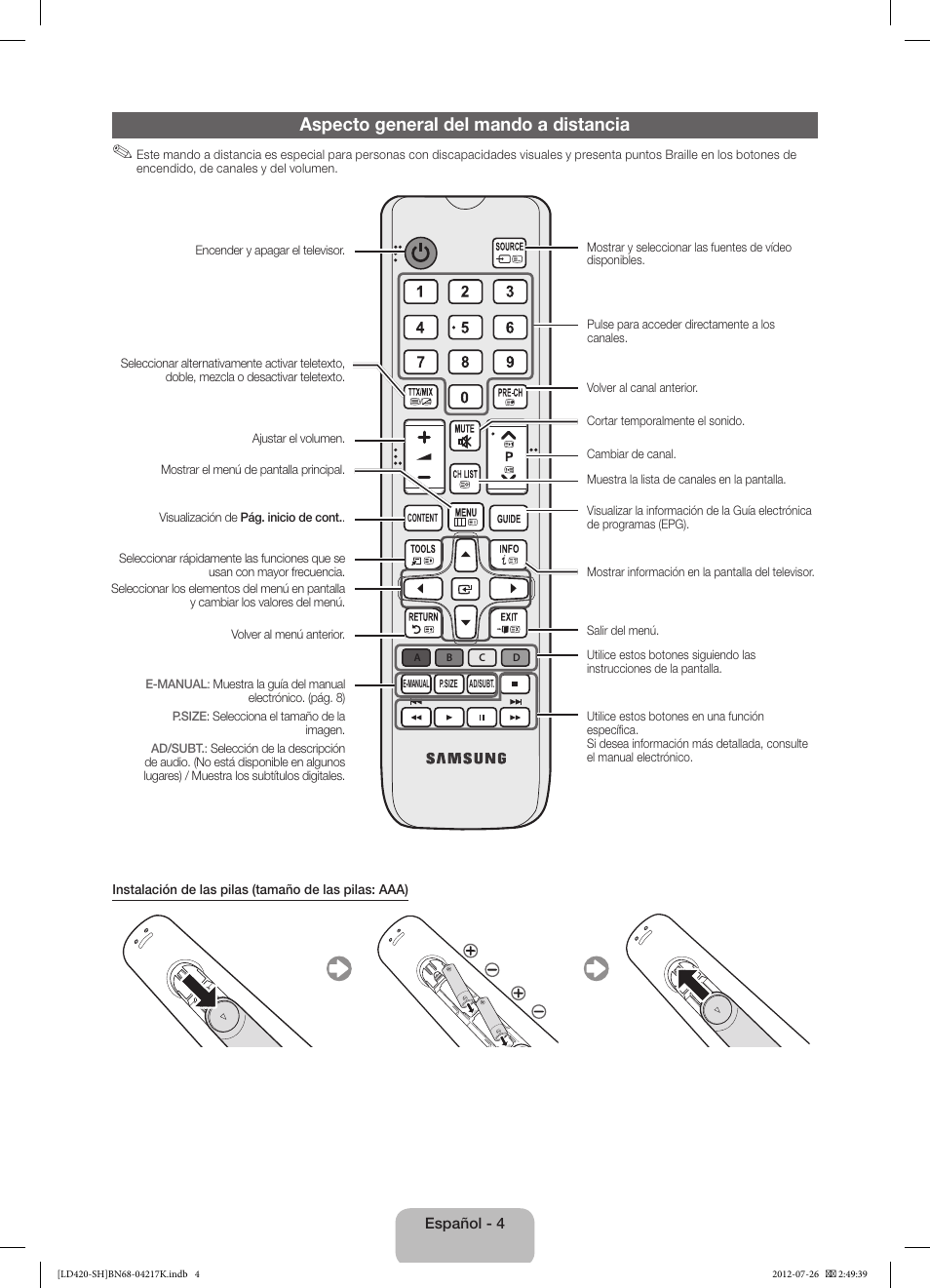 Aspecto general del mando a distancia | Samsung LA32E420E2W User Manual | Page 28 / 49