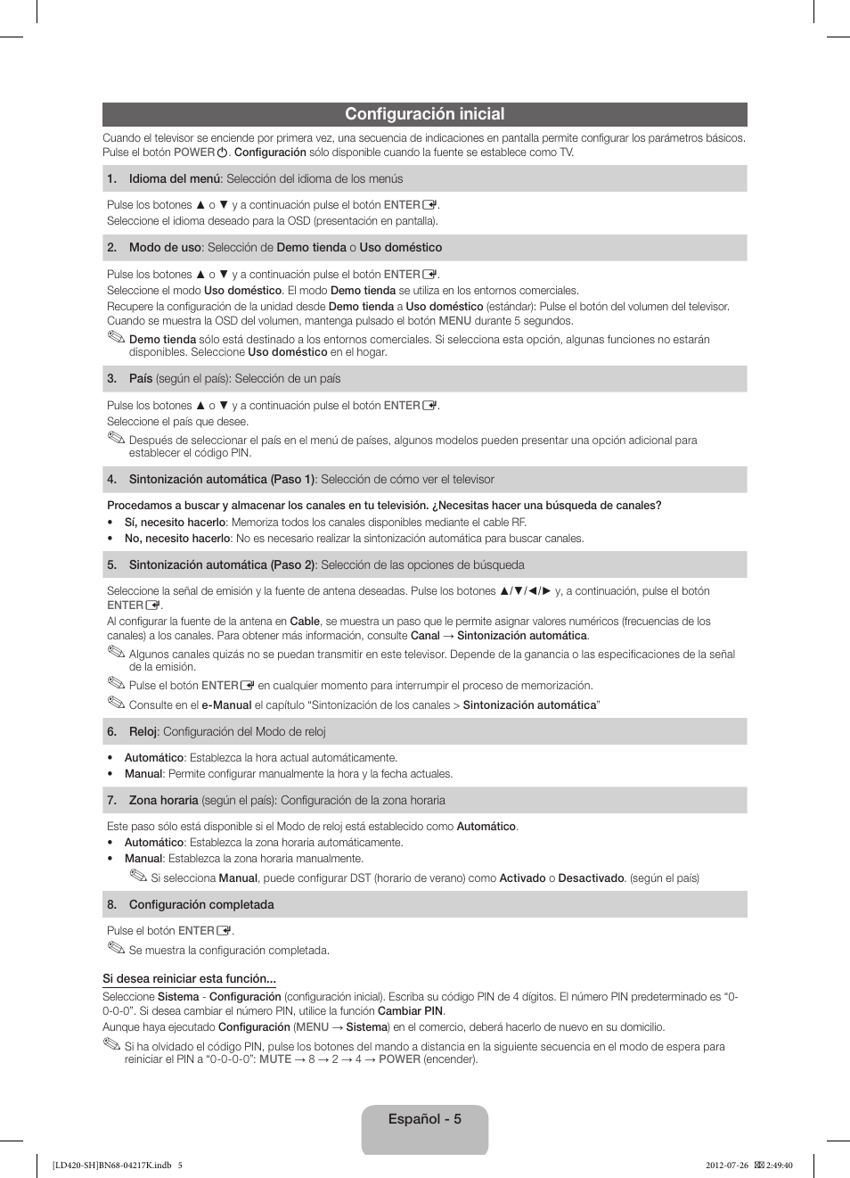 Configuración inicial | Samsung LA32E420E2W User Manual | Page 29 / 49