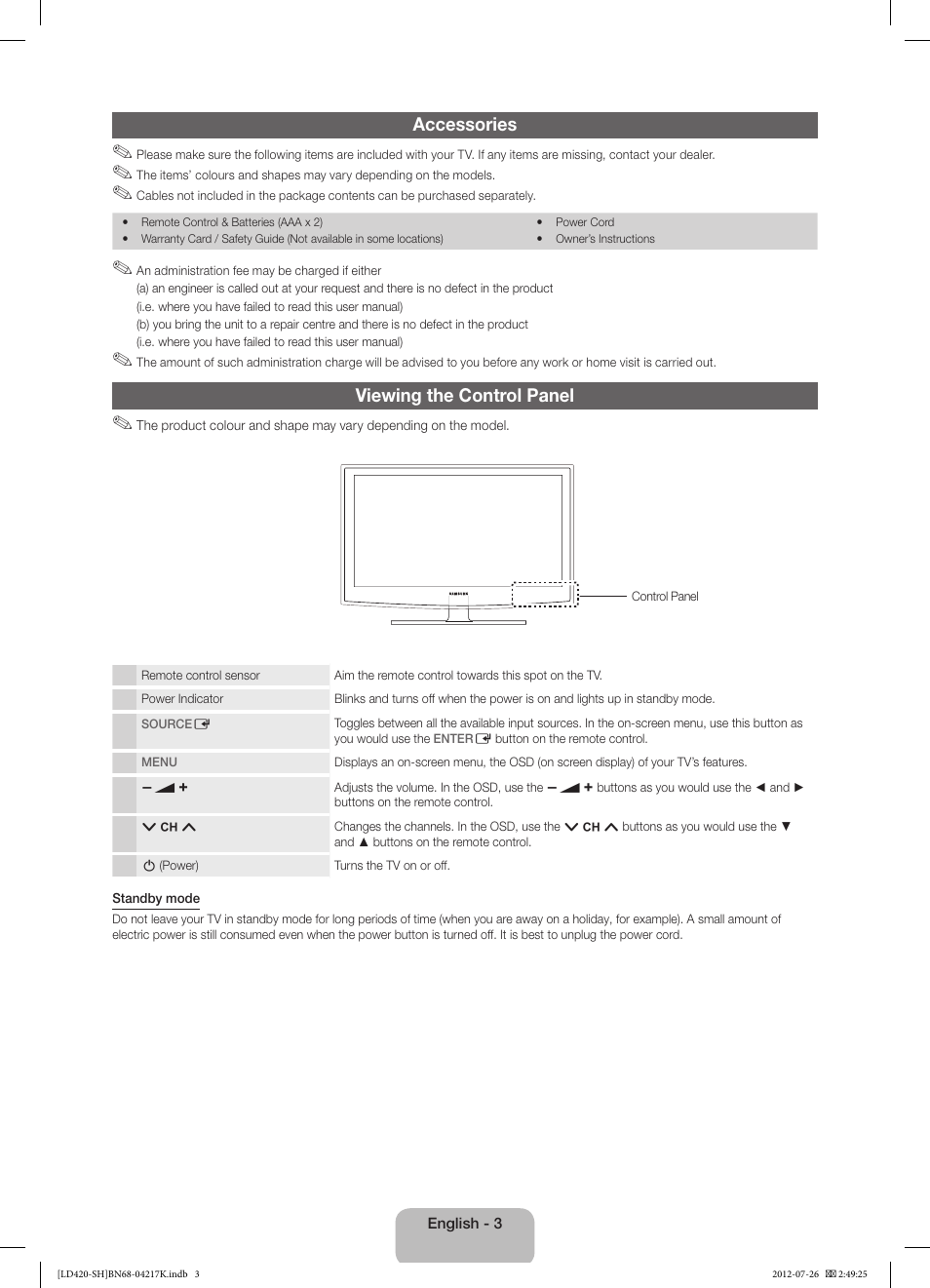 Accessories, Viewing the control panel | Samsung LA32E420E2W User Manual | Page 3 / 49