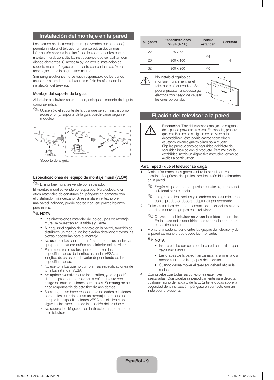 Instalación del montaje en la pared, Fijación del televisor a la pared | Samsung LA32E420E2W User Manual | Page 33 / 49