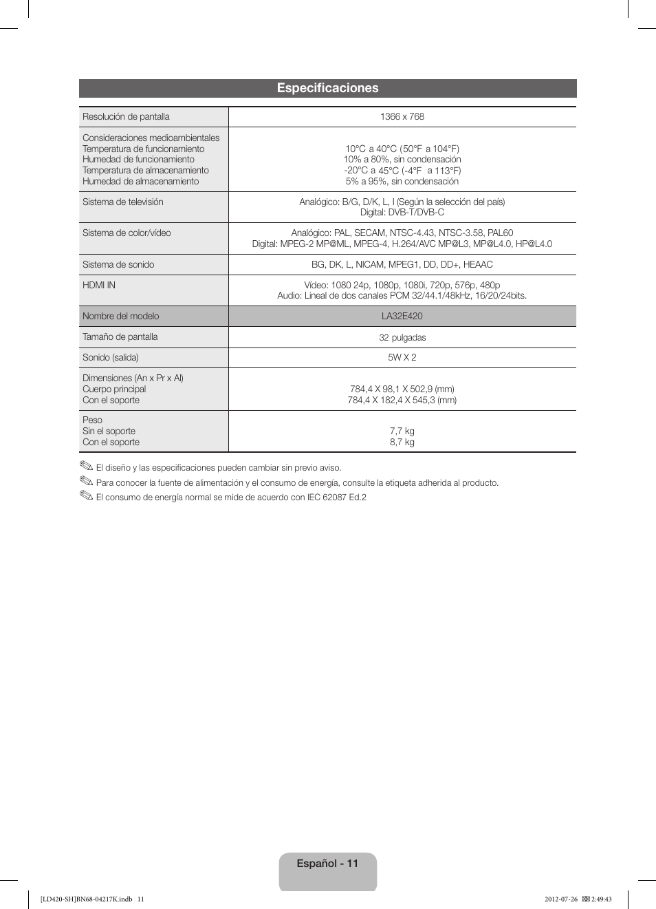 Especificaciones | Samsung LA32E420E2W User Manual | Page 35 / 49
