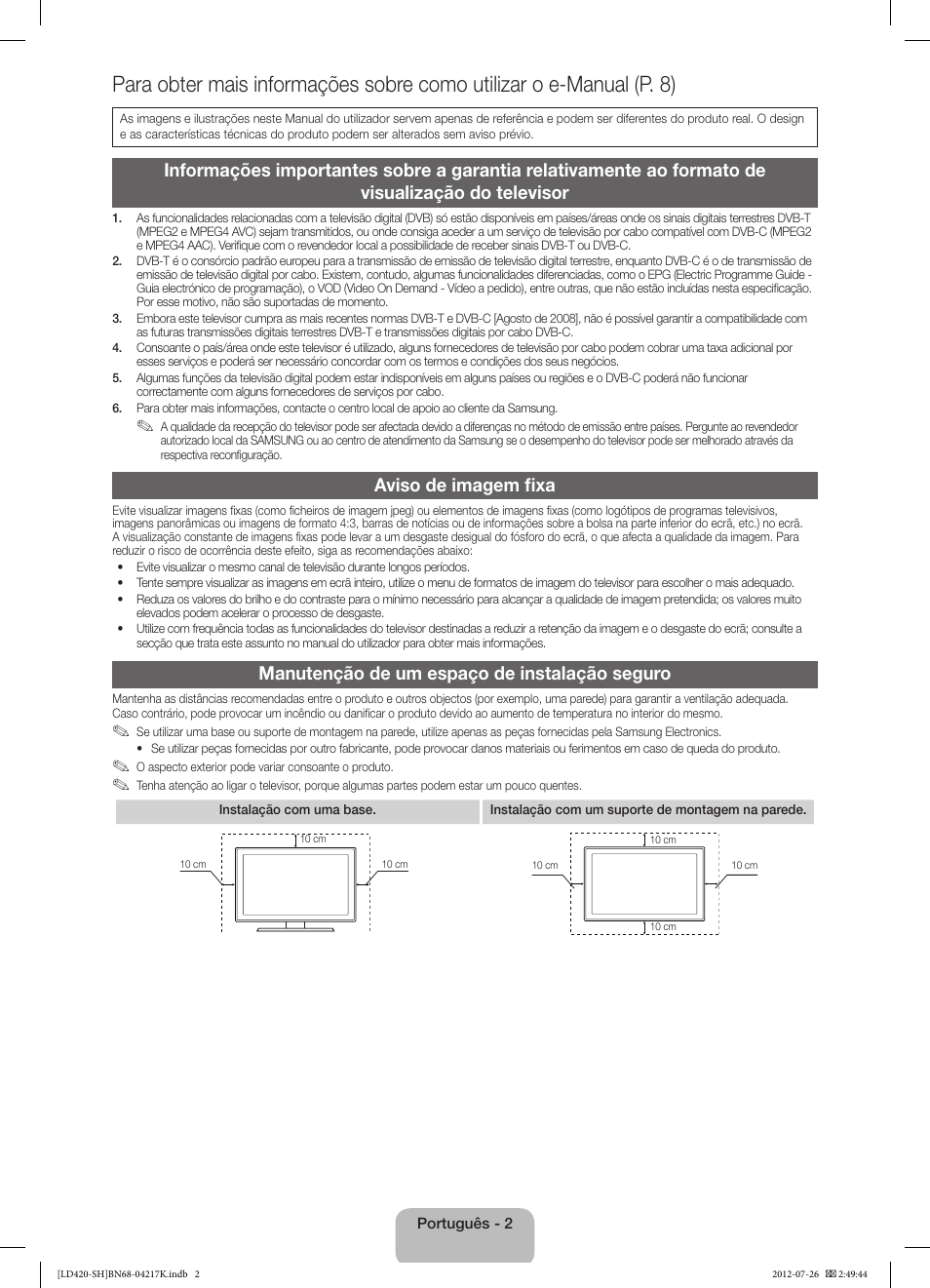 Aviso de imagem fixa, Manutenção de um espaço de instalação seguro | Samsung LA32E420E2W User Manual | Page 38 / 49