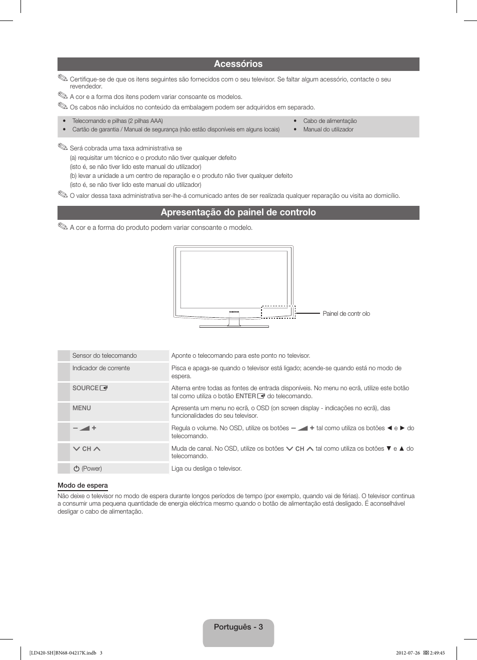 Acessórios, Apresentação do painel de controlo | Samsung LA32E420E2W User Manual | Page 39 / 49