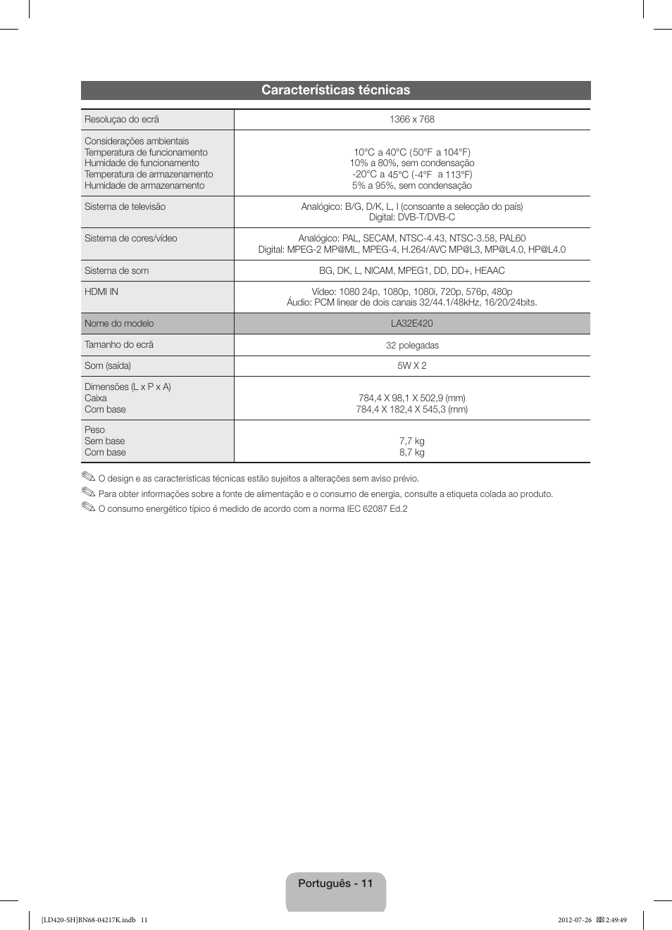 Características técnicas | Samsung LA32E420E2W User Manual | Page 47 / 49
