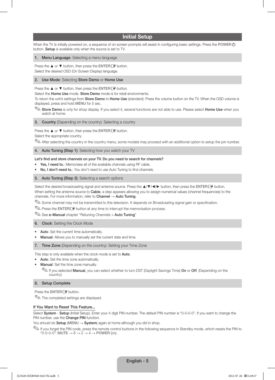 Initial setup | Samsung LA32E420E2W User Manual | Page 5 / 49
