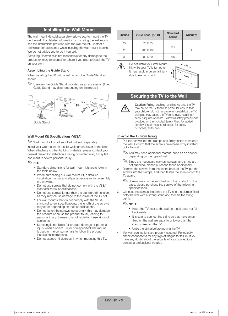 Installing the wall mount, Securing the tv to the wall | Samsung LA32E420E2W User Manual | Page 9 / 49