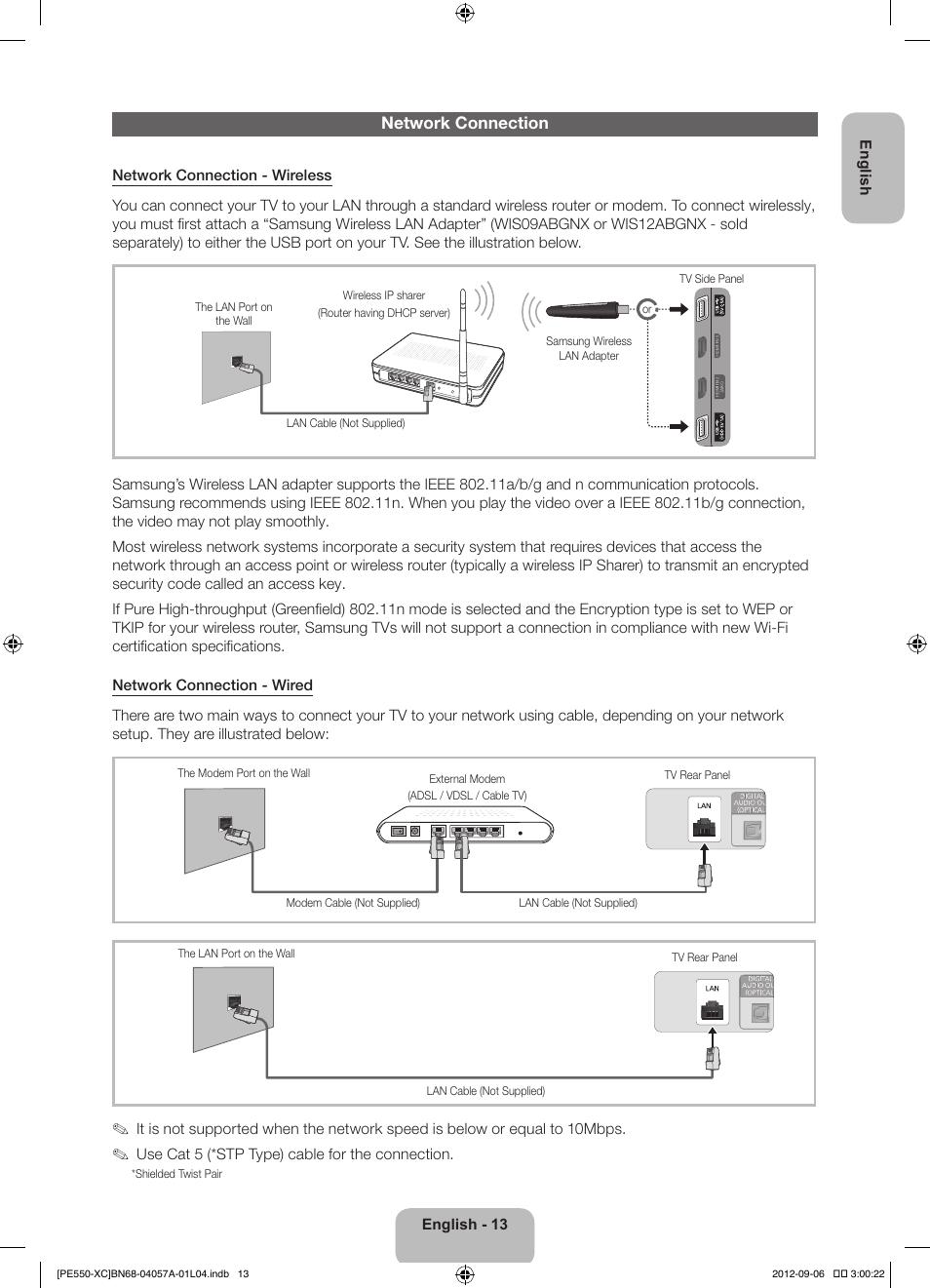 Network connection | Samsung PS60E550D1W User Manual | Page 13 / 88
