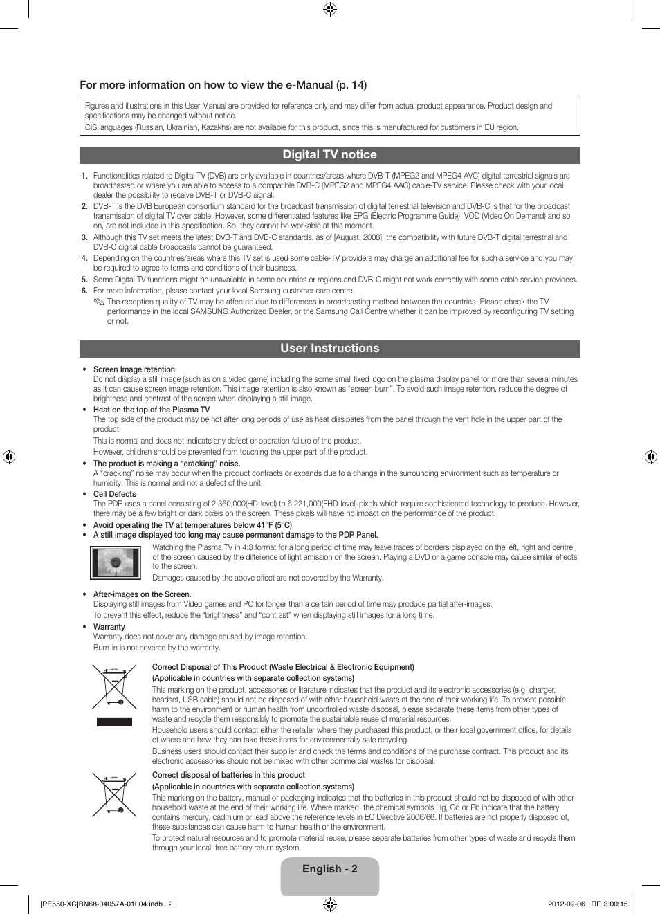 Digital tv notice, User instructions | Samsung PS60E550D1W User Manual | Page 2 / 88