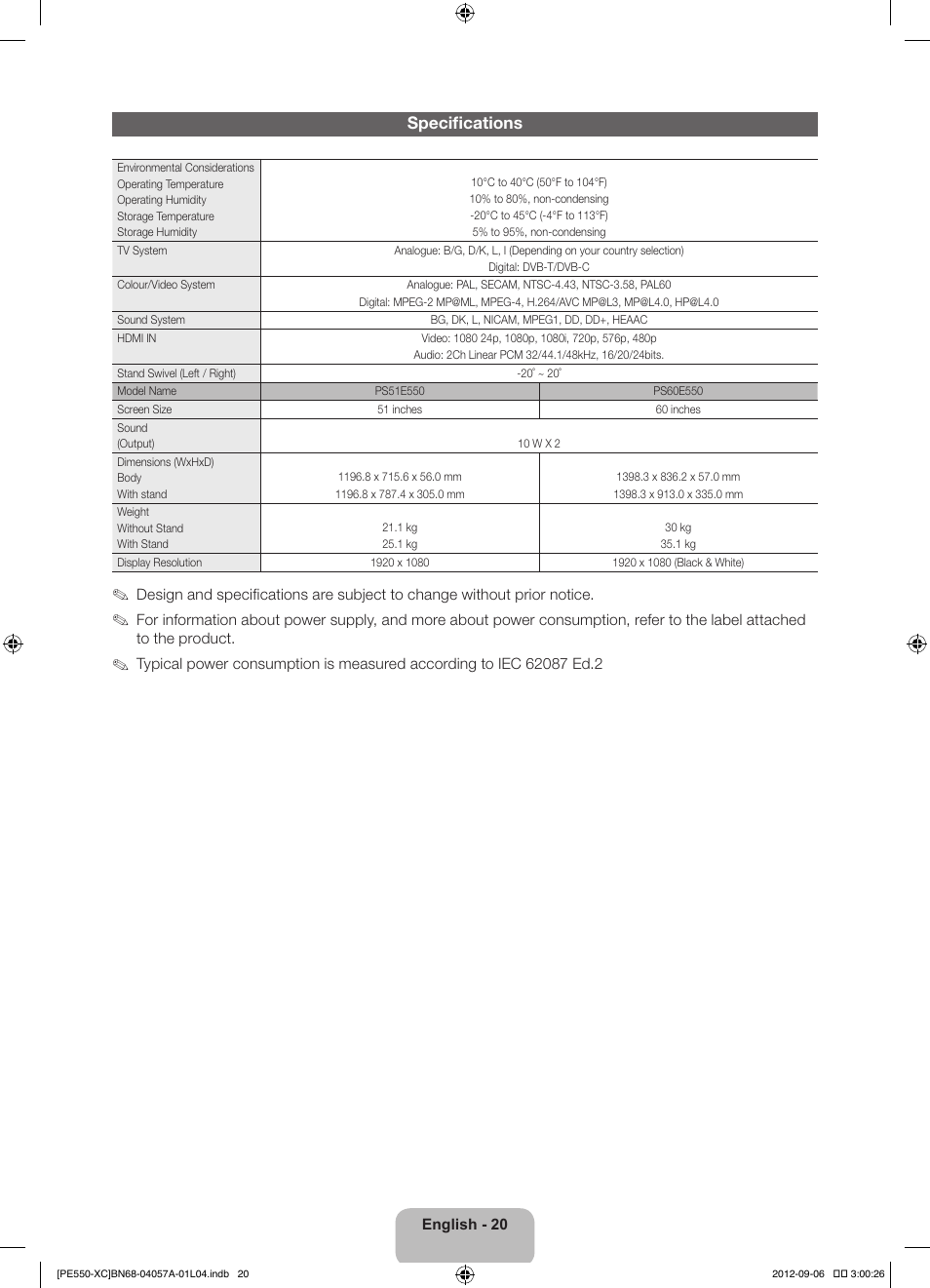 Specifications | Samsung PS60E550D1W User Manual | Page 20 / 88