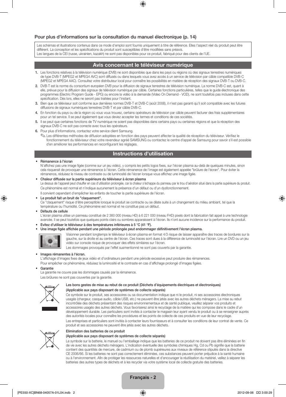 Avis concernant le téléviseur numérique, Instructions d'utilisation | Samsung PS60E550D1W User Manual | Page 24 / 88
