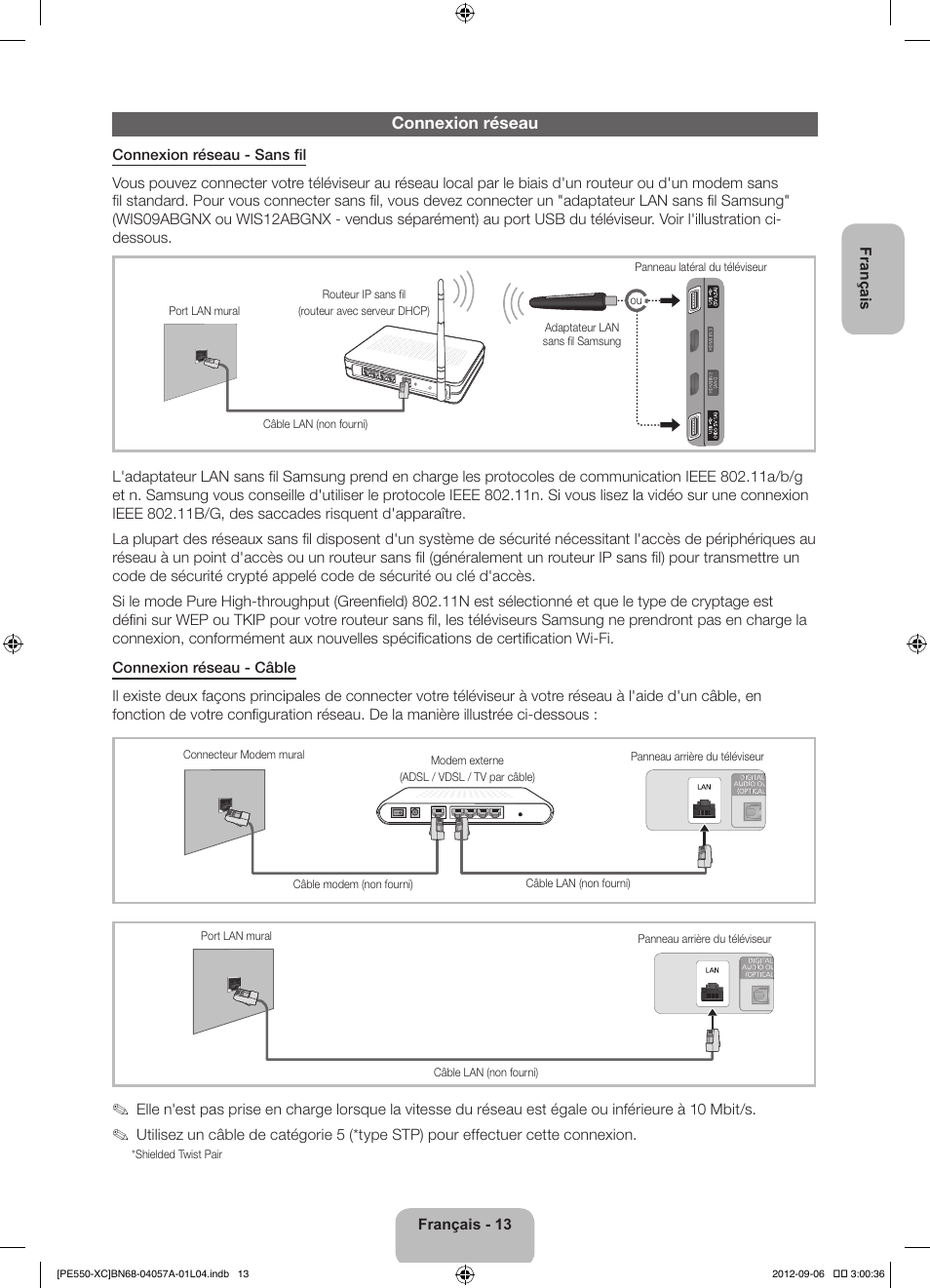 Connexion réseau | Samsung PS60E550D1W User Manual | Page 35 / 88