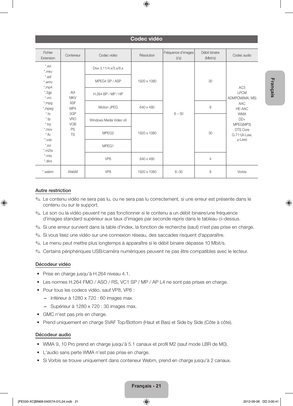 Codec vidéo | Samsung PS60E550D1W User Manual | Page 43 / 88